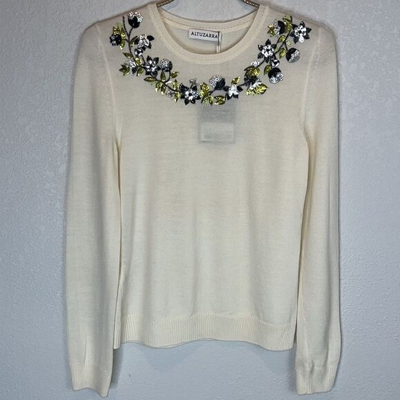 NWT ALTUZARRA Hermione Embroidered Merino Wool Sweater, Off-White XS - Picture 2 of 15